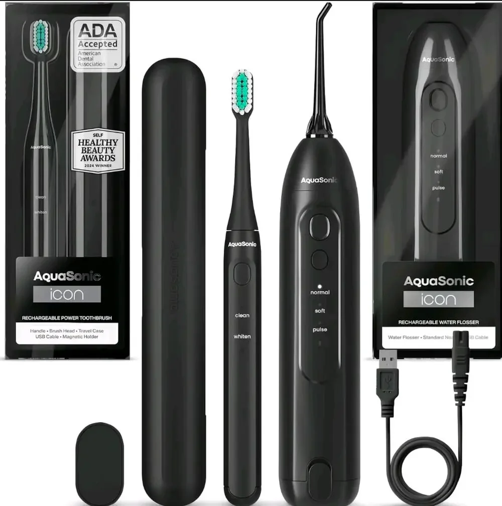 AquaSonic ICON Electric Toothbrush & Water Flosser Bundle - Travel case, chargin